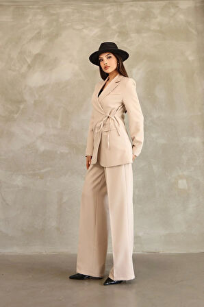 Kadın Bej Yandan Bağlamalı Blazer Ceket Pantolon Takım