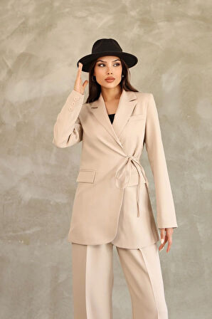 Kadın Bej Yandan Bağlamalı Blazer Ceket Pantolon Takım
