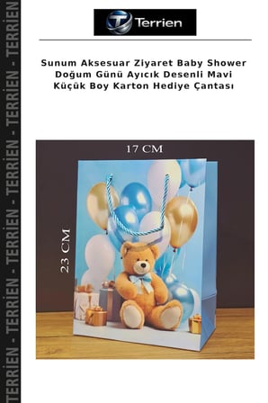 Sunum Aksesuar Ziyaret Baby Shower Doğum Günü Ayıcık Desenli Mavi Küçük Boy Karton Hediye Çantası