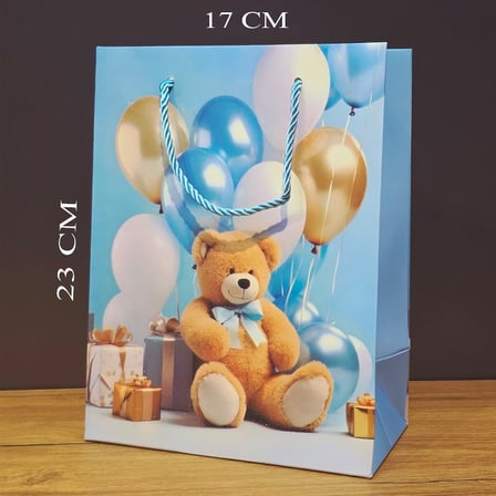 Sunum Aksesuar Ziyaret Baby Shower Doğum Günü Ayıcık Desenli Mavi Küçük Boy Karton Hediye Çantası