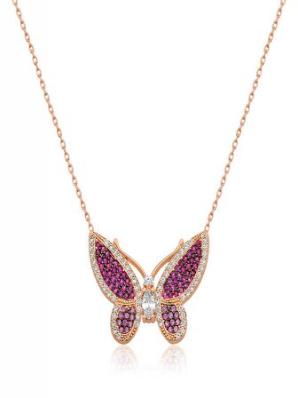 925 Ayar Gümüş Pembe Kelebek Kadın Gümüş Kolye