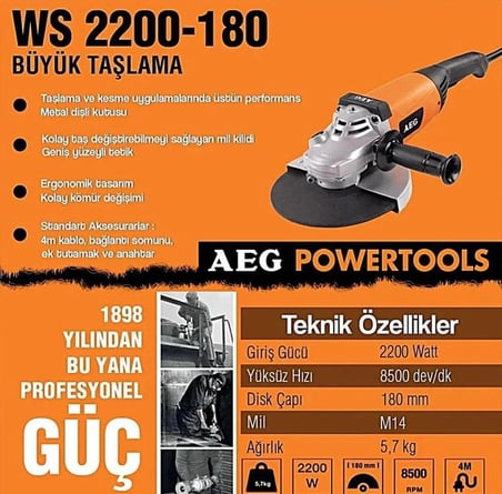 AEG WS 2200-180 2200 W 180 mm Büyük Taşlama Makine