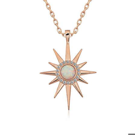 925 Ayar ​Gümüş Rose Beyaz Opal Taşlı Kutup Yıldızı Kolye