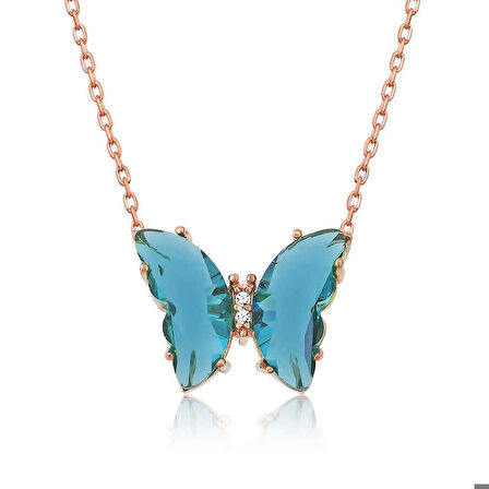 925 Ayar Gümüş Rose Turkuaz Cam Kelebek Kolye