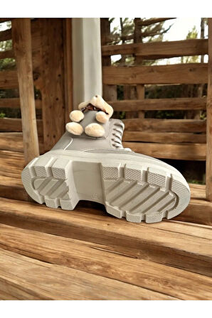 Ayıcıklı Soğuk Geçirmez Kaymaz Taban Kız Çocuk Bot, Fermuarlı Kız Çocuk Krem Bot, Bej Çocuk Bot BEJ / 32