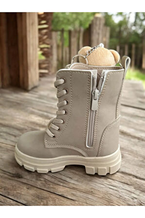 Ayıcıklı Soğuk Geçirmez Kaymaz Taban Kız Çocuk Bot, Fermuarlı Kız Çocuk Krem Bot, Bej Çocuk Bot BEJ / 32
