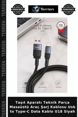 Taşıt Aparatı Teknik Parça Masaüstü Araç Şarj Kablosu Usb to Type-C Data Kablo U18 Siyah