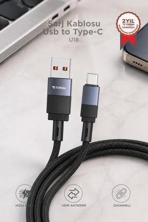 Taşıt Aparatı Teknik Parça Masaüstü Araç Şarj Kablosu Usb to Type-C Data Kablo U18 Siyah