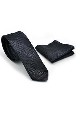 Gri Siyah Ekose Desenli Dokuma Kumaş Mendilli Slim Fit Kravat  / SDK-220707