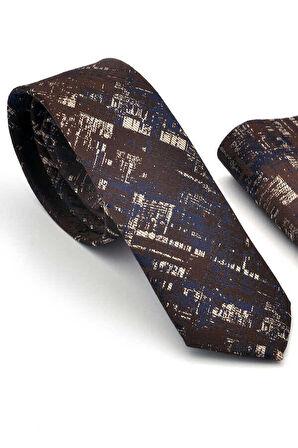 Bej Lacivert Motif Desenli Kahverengi Dokuma Kumaş Mendilli Slim Fit Kravat  / SDK-220710