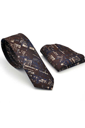 Bej Lacivert Motif Desenli Kahverengi Dokuma Kumaş Mendilli Slim Fit Kravat  / SDK-220710