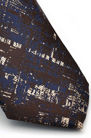 Bej Lacivert Motif Desenli Kahverengi Dokuma Kumaş Mendilli Slim Fit Kravat  / SDK-220710