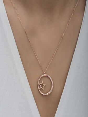 925 Ayar Gümüş Yıldız Detaylı Halka Kadın Gümüş Kolye