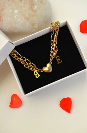 Harfli Çelik Sevgili Bilekliği Çift Bilekliği İkili Bileklik Dost Bilekliği Kalpli Çift Bilekliği Hediye Kutulu