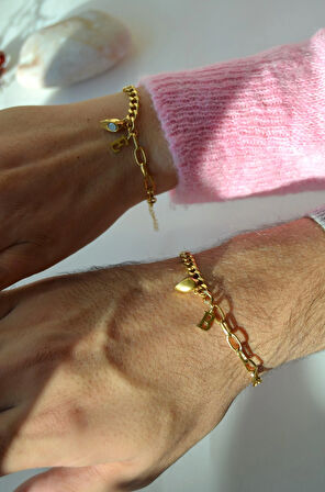 Harfli Çelik Sevgili Bilekliği Çift Bilekliği İkili Bileklik Dost Bilekliği Kalpli Çift Bilekliği Hediye Kutulu