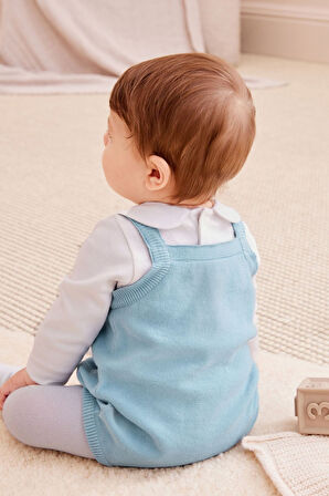 Next Baby % 100 Pamuklu Mavi Örgü Salopet Bebe Yaka Ayı İşlemeli Body Zıbın Çorap Set