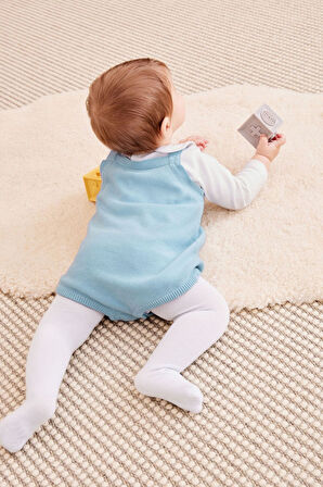Next Baby % 100 Pamuklu Mavi Örgü Salopet Bebe Yaka Ayı İşlemeli Body Zıbın Çorap Set