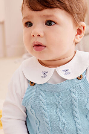 Next Baby % 100 Pamuklu Mavi Örgü Salopet Bebe Yaka Ayı İşlemeli Body Zıbın Çorap Set