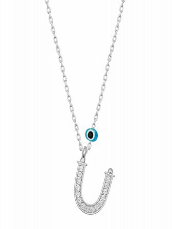 925 Ayar Gümüş Nazar Rodyum Ü Harfi Kadın Gümüş Kolye
