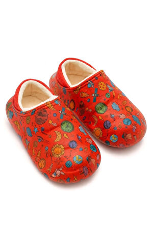 Peluş İçi Yünlü Kışlık Panduf Kırmızı Gezegen Desenli Çocuk Ev Terliği