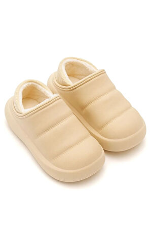 Peluş İçi Yünlü Kışlık Panduf Bej Çocuk Ev Terliği