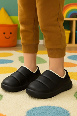 Peluş İçi Yünlü Kışlık Panduf Siyah Çocuk Ev Terliği