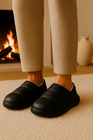 Peluş İçi Yünlü Kışlık Panduf Siyah Erkek Ev Terliği