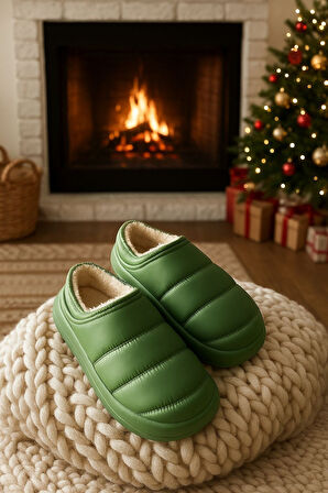 Peluş İçi Yünlü Kışlık Panduf Yeşil Kadın Ev Terliği