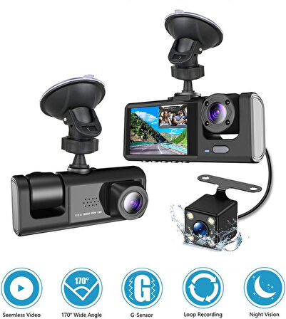 Daytona T717 Dash Cam Araç Içi Kamera 1080P+720P Full Hd Araç Içi Kamera Ön,arka ve Iç Kayıt 3 Kamera Gece Görüşlü G Sensör Geniş Açı