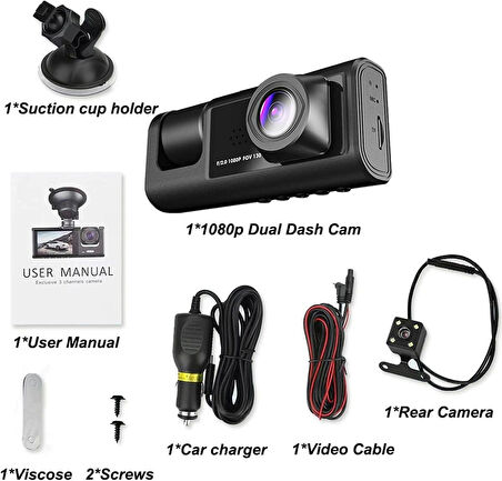 Daytona T717 Dash Cam Araç Içi Kamera 1080P+720P Full Hd Araç Içi Kamera Ön,arka ve Iç Kayıt 3 Kamera Gece Görüşlü G Sensör Geniş Açı
