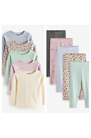 Next Baby Pamuklu Pastel Renkler Nevürlü Uzun Kollu Thsirt Tayt 5’li Alt Üst Takım