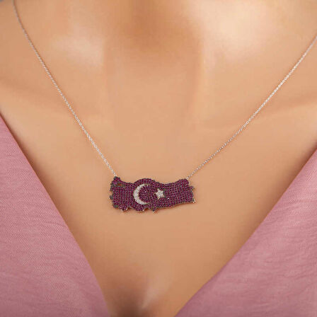 925 Ayar Gümüş Ay Yıldız Türkiye Haritası Kadın Kolye