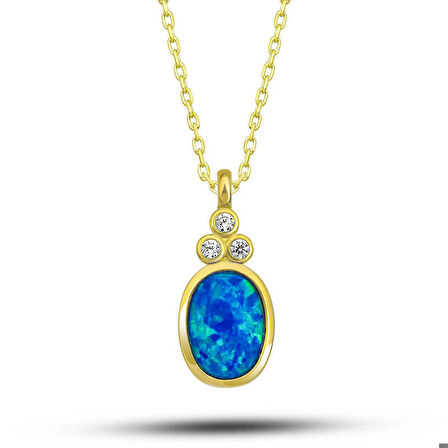 925 Ayar Gümüş Gold Mavi Opal Taşlı Ananas Kadın Kolye