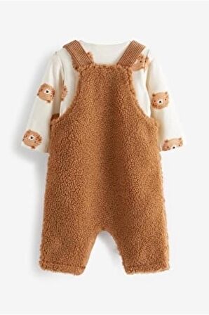 Pamuklu Tan Brown Supersoft Borg Salopet Body Zıbın Set
