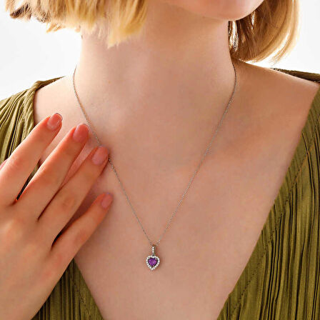 925 Ayar Gümüş Mor Taşlı Kalpli Kadın Kolye