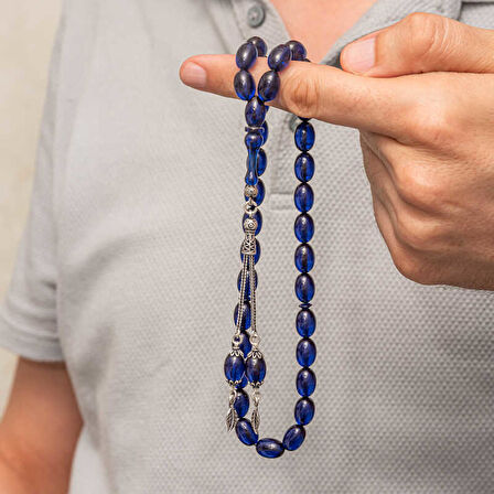 Gümüş Püsküllü Lacivert Sıkma Kehribar Tesbih