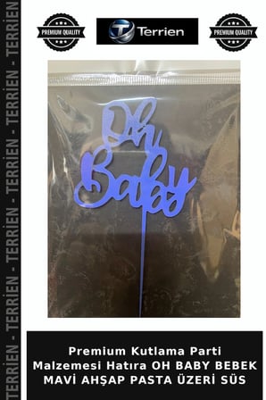 Premium Kutlama Parti Malzemesi Hatıra OH BABY BEBEK MAVİ AHŞAP PASTA ÜZERİ SÜS