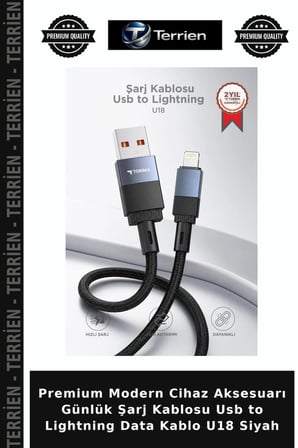 Premium Modern Cihaz Aksesuarı Günlük Şarj Kablosu Usb to Lightning Data Kablo U18 Siyah