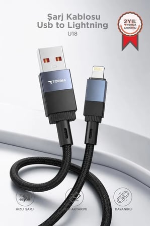Premium Modern Cihaz Aksesuarı Günlük Şarj Kablosu Usb to Lightning Data Kablo U18 Siyah