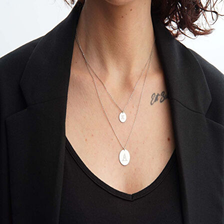 Plaka Altın Harf Kolye 14 Ayar Beyaz Altın Çift Zincirli