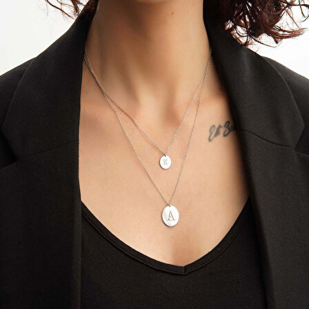 Plaka Altın Harf Kolye 14 Ayar Beyaz Altın Çift Zincirli