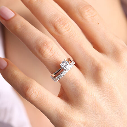 Tektaş & Yarımtur Beyaz Altın Yüzük