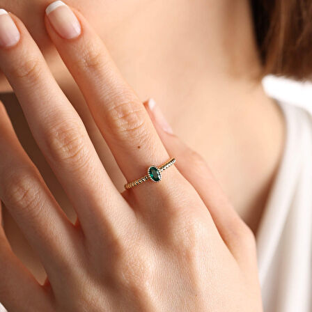 14 Ayar Altın Doğum Taşı Yüzük Burç Yüzükler Oval Emerald