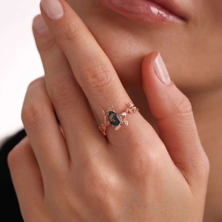 Moss Agate Altın Yüzük Rose 