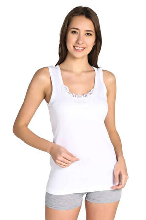 Kadın Beyaz Ribana Geniş Askılı Güpürlü Atlet 6'lı Ekonomik Paket 0140