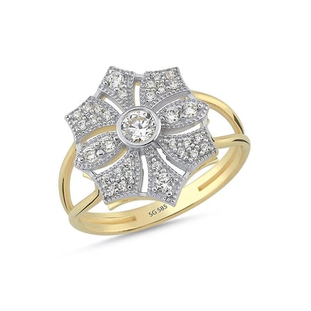14 Ayar Taşlı Çiçek Desenli Altın Yüzük 3.10 Gram