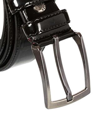 Siyah Rugan Suni Deri Dikişli Düz Model 3.5 cm.lik Klasik Kemer - 8001-Düz