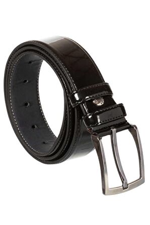 Siyah Rugan Suni Deri Dikişli Düz Model 3.5 cm.lik Klasik Kemer - 8001-Düz
