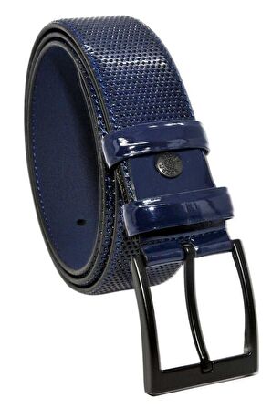 Lacivert Rugan Suni Deri Desenli 4 cm.lik Klasik Kemer - 7495-68-21M