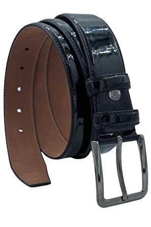 Siyah Rugan Suni Deri Düz Model Dikişli 3.5 cm.lik Klasik Kemer - 8001-Düz-22K-E